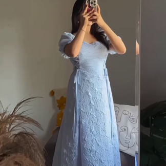 Textured Jacquard Long Gown with Square Neck and Puff Sleeves