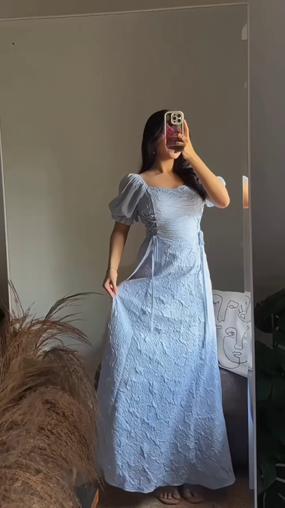 Textured Jacquard Long Gown with Square Neck and Puff Sleeves