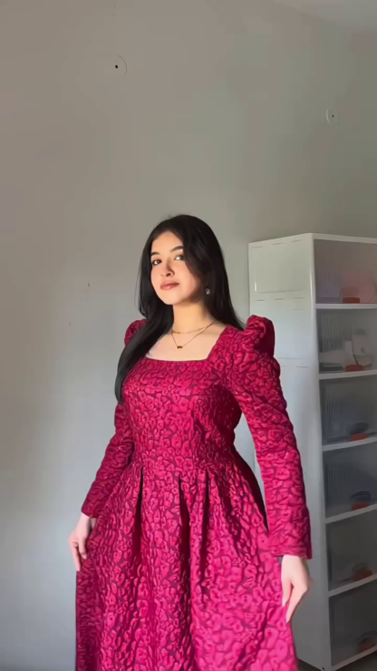 Textured Jacquard Long Gown with Square Neck and Puff Sleeves