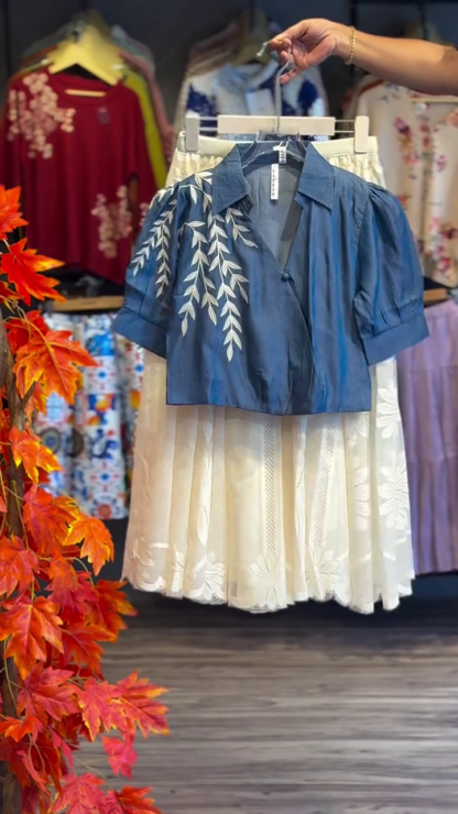 Leaf-Embroidered Denim-Look Top and Daisy Net Skirt Co-ord