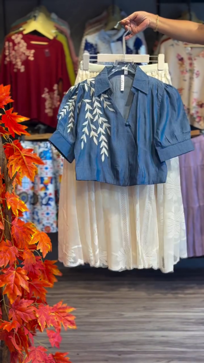 Leaf-Embroidered Denim-Look Top and Daisy Net Skirt Co-ord