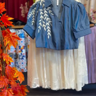 Leaf-Embroidered Denim-Look Top and Daisy Net Skirt Co-ord