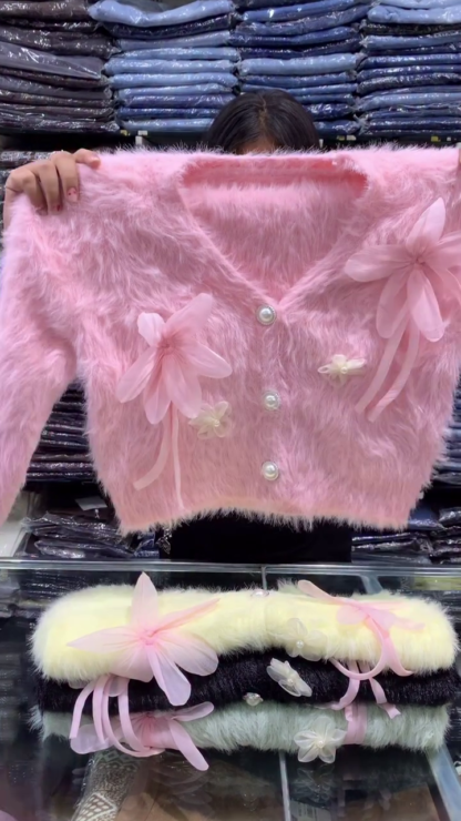 Fluffy Faux-Fur Knit Crop Cardigan with 3D Floral Applique