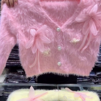 Fluffy Faux-Fur Knit Crop Cardigan with 3D Floral Applique