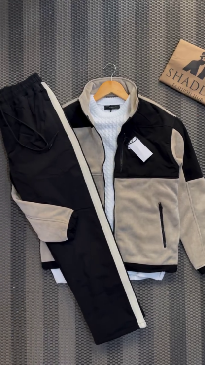 Men's Colour-Block Fleece Tracksuit with Stand-Collar Jacket