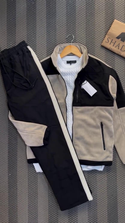 Men's Colour-Block Fleece Tracksuit with Stand-Collar Jacket