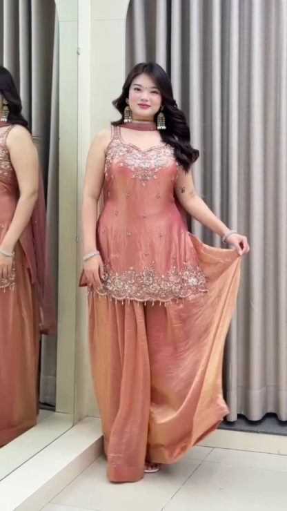 Peach-Gold Hand-Embellished Sharara Suit with Chiffon Dupatta