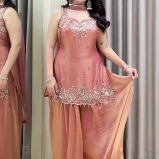 Peach-Gold Hand-Embellished Sharara Suit with Chiffon Dupatta
