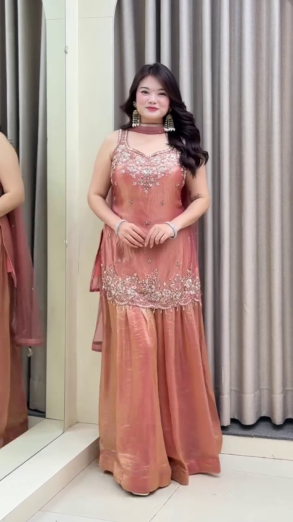 Peach-Gold Hand-Embellished Sharara Suit with Chiffon Dupatta