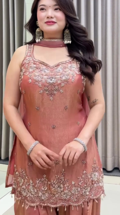 Peach-Gold Hand-Embellished Sharara Suit with Chiffon Dupatta