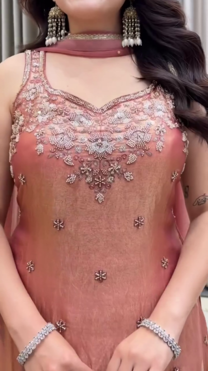 Peach-Gold Hand-Embellished Sharara Suit with Chiffon Dupatta