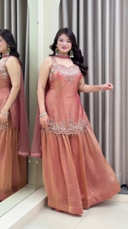 Peach-Gold Hand-Embellished Sharara Suit with Chiffon Dupatta