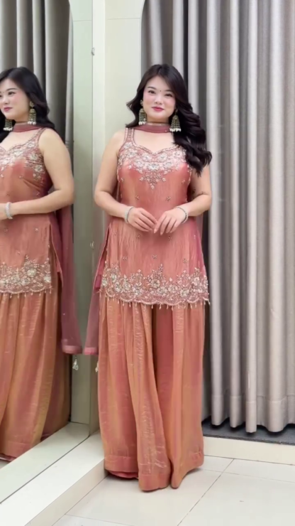 Peach-Gold Hand-Embellished Sharara Suit with Chiffon Dupatta