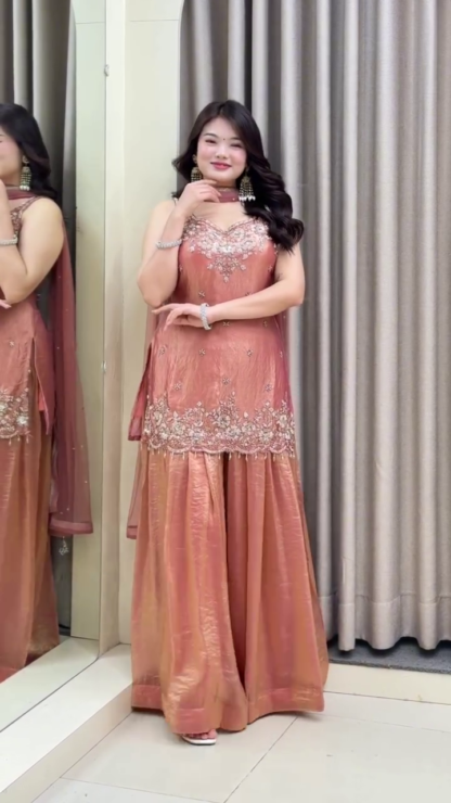 Peach-Gold Hand-Embellished Sharara Suit with Chiffon Dupatta