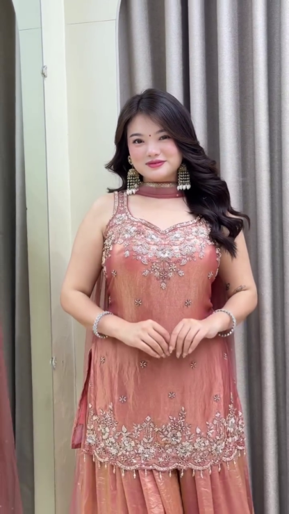Peach-Gold Hand-Embellished Sharara Suit with Chiffon Dupatta