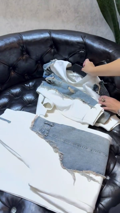 White Denim Fusion Co-ord with Distressed Denim Sleeves