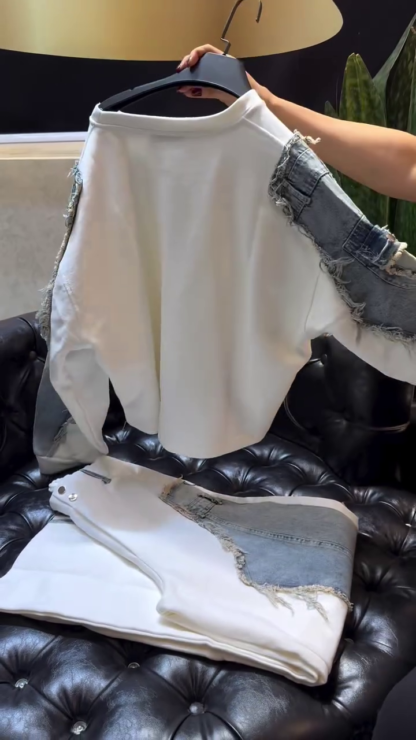 White Denim Fusion Co-ord with Distressed Denim Sleeves