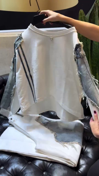 White Denim Fusion Co-ord with Distressed Denim Sleeves