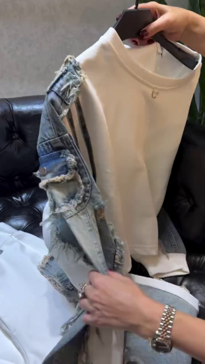 White Denim Fusion Co-ord with Distressed Denim Sleeves
