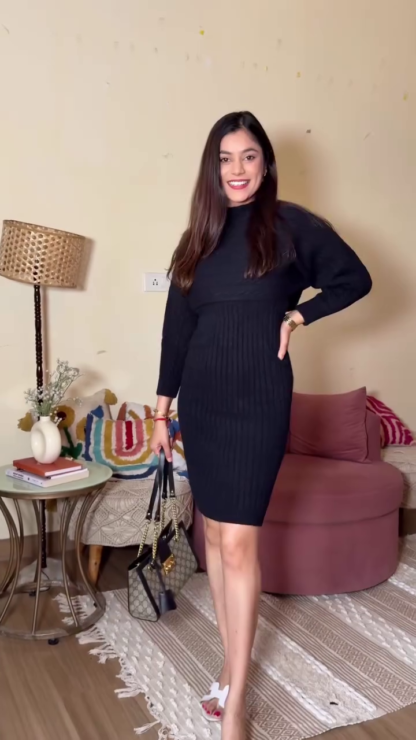 Black Rib-Knit Winter Bodycon Dress