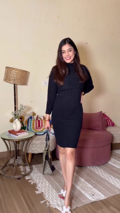 Black Rib-Knit Winter Bodycon Dress