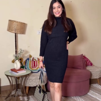 Black Rib-Knit Winter Bodycon Dress