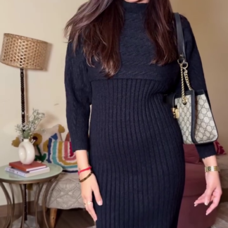Black Rib-Knit Winter Bodycon Dress