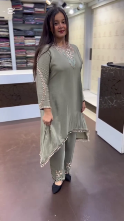 Hand-Embroidered Silk-Finish Co-ord Suit with Pearl Tassel Hem