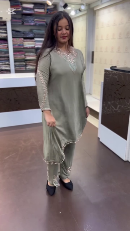 Hand-Embroidered Silk-Finish Co-ord Suit with Pearl Tassel Hem