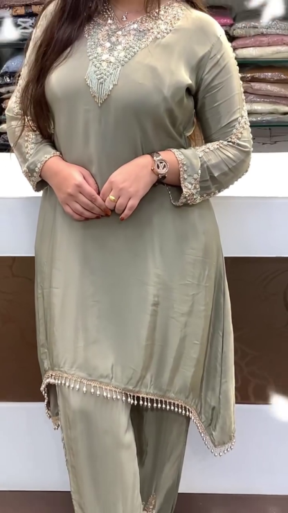 Hand-Embroidered Silk-Finish Co-ord Suit with Pearl Tassel Hem