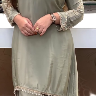 Hand-Embroidered Silk-Finish Co-ord Suit with Pearl Tassel Hem
