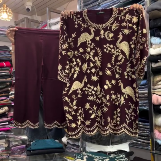 Embroidered Peacock Winter-Knit Co-ord Set with Churidar Pants
