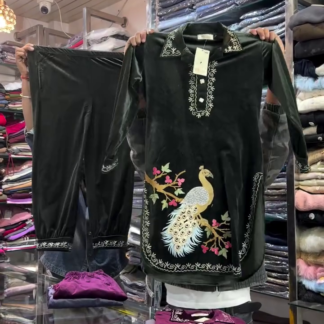 Velvet Peacock Embroidered Winter Suit Set with Lined Bottoms