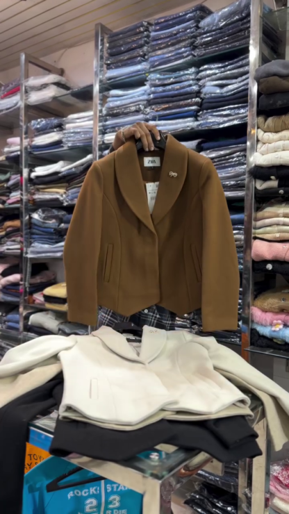 Cropped Winter Blazer with Metallic Lapel Pin