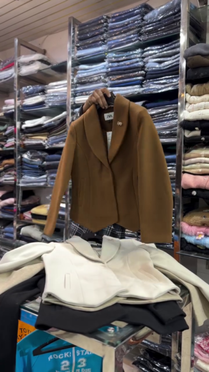 Cropped Winter Blazer with Metallic Lapel Pin
