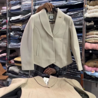Cropped Winter Blazer with Metallic Lapel Pin