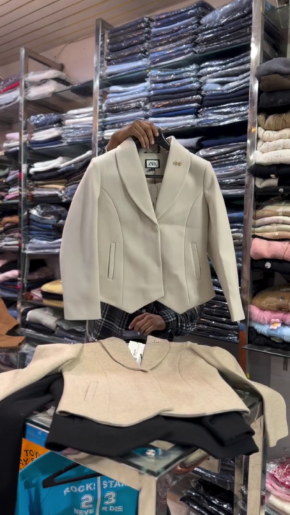 Cropped Winter Blazer with Metallic Lapel Pin