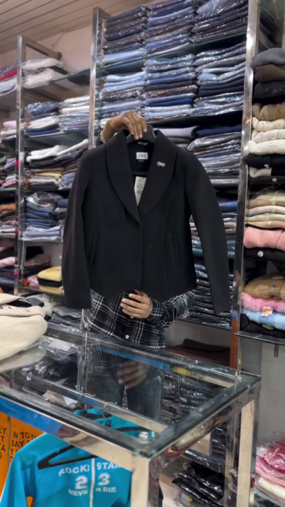 Cropped Winter Blazer with Metallic Lapel Pin