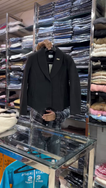 Cropped Winter Blazer with Metallic Lapel Pin
