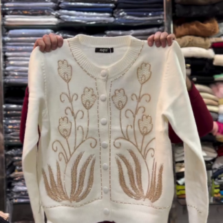 Pearl-Embellished Floral Button-Down Winter Cardigan