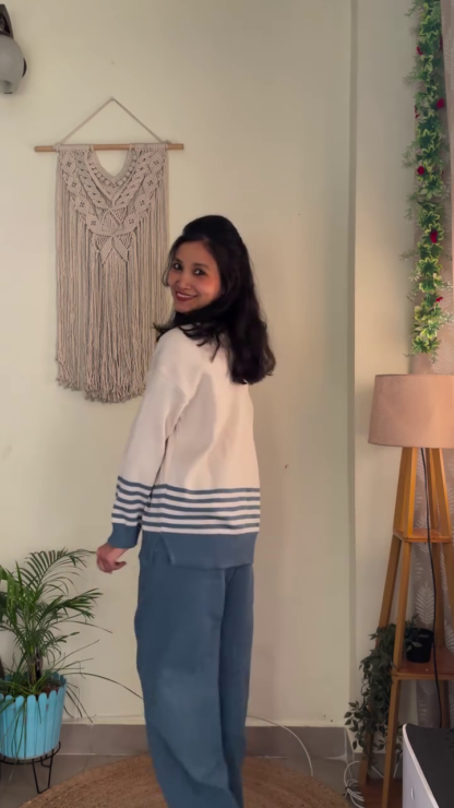 Cream and Blue Striped High-Neck Knit Co-ord with Wide-Leg Pants