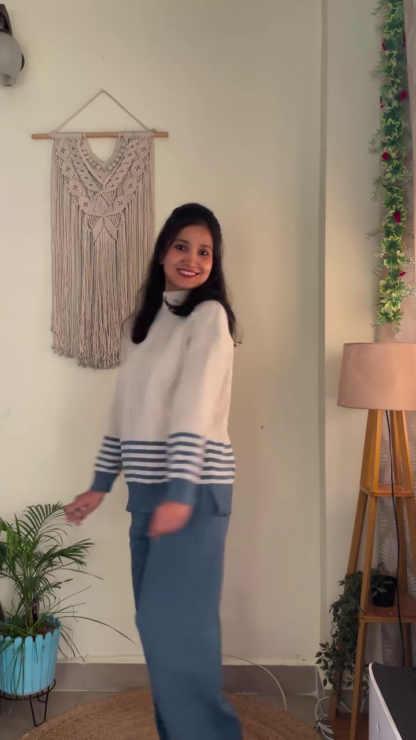 Cream and Blue Striped High-Neck Knit Co-ord with Wide-Leg Pants