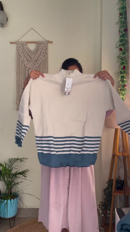 Cream and Blue Striped High-Neck Knit Co-ord with Wide-Leg Pants
