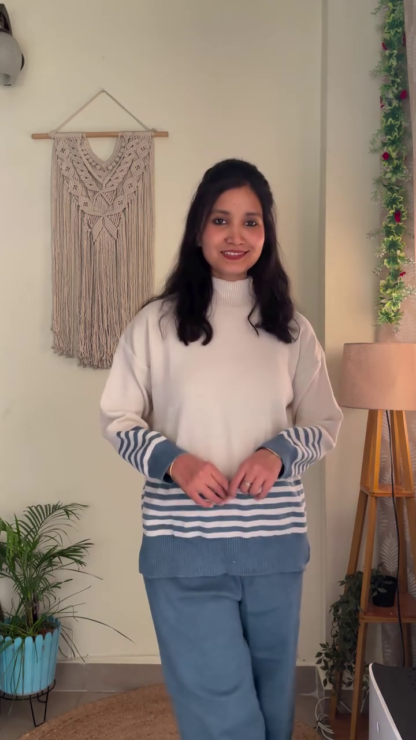 Cream and Blue Striped High-Neck Knit Co-ord with Wide-Leg Pants