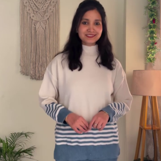 Cream and Blue Striped High-Neck Knit Co-ord with Wide-Leg Pants