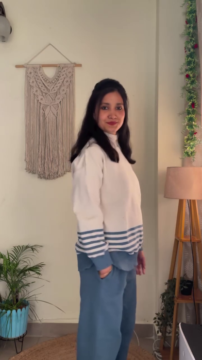 Cream and Blue Striped High-Neck Knit Co-ord with Wide-Leg Pants