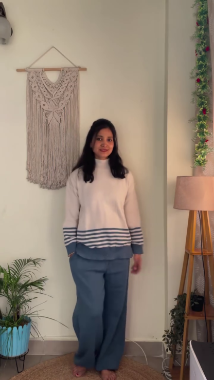 Cream and Blue Striped High-Neck Knit Co-ord with Wide-Leg Pants