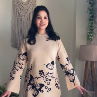 Butterfly and Floral Jacquard Knit Pullover for Women