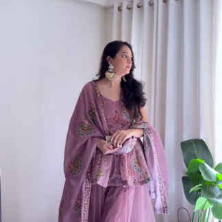 Mauve Embroidered Sharara Suit Set with Floral Dupatta