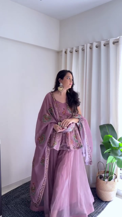 Mauve Embroidered Sharara Suit Set with Floral Dupatta
